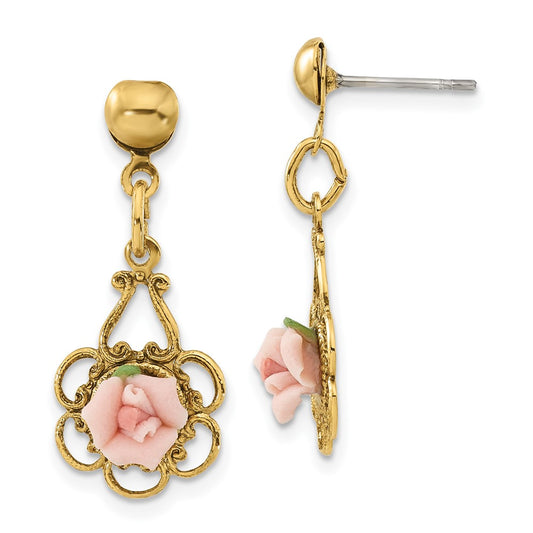 Fashion 1928 Jewelry Gold-Tone Filigree Pink Porcelain Rose Dangle Post Earrings