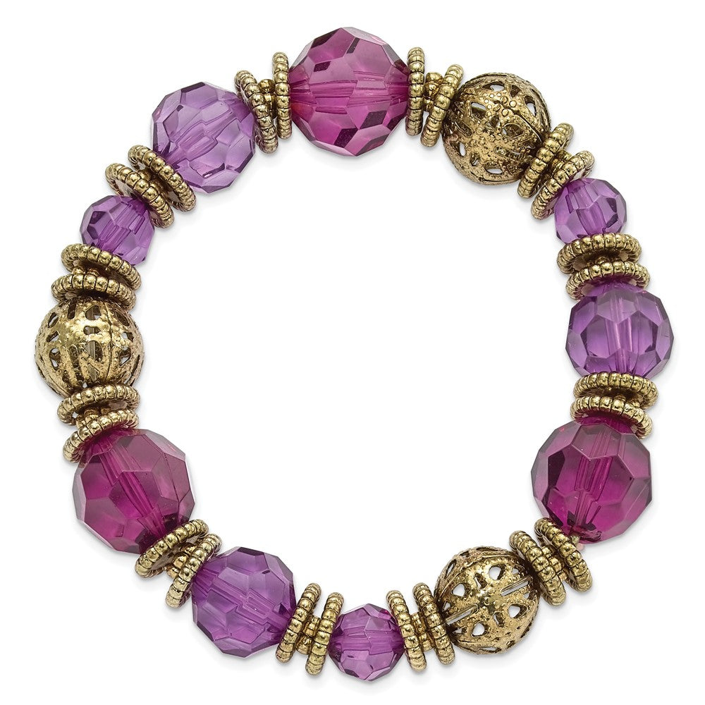 Fashion 1928 Jewelry Gold-Tone Textured Patterned Beads And Purple Faceted Acrylic Stretch Bracelet