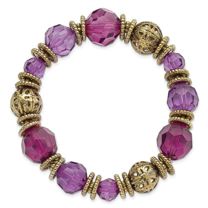 Fashion 1928 Jewelry Gold-Tone Textured Patterned Beads And Purple Faceted Acrylic Stretch Bracelet
