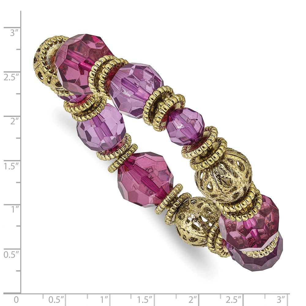 Fashion 1928 Jewelry Gold-Tone Textured Patterned Beads And Purple Faceted Acrylic Stretch Bracelet