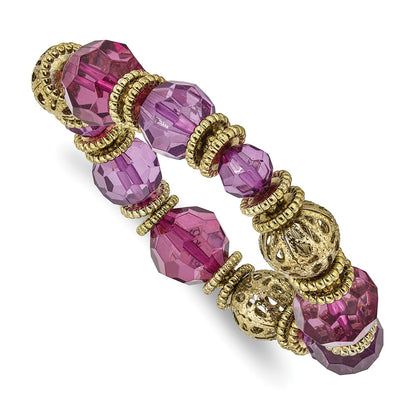 Fashion 1928 Jewelry Gold-Tone Textured Patterned Beads And Purple Faceted Acrylic Stretch Bracelet