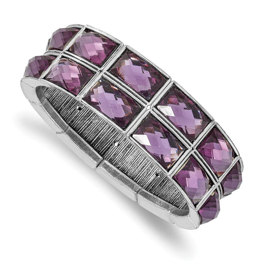 Fashion 1928 Jewelry Silver-Tone Frame Purple Faceted Epoxy Stones Stretch Bracelet