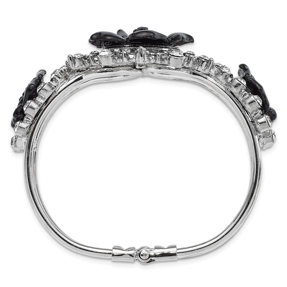 Fashion 1928 Silver-Tone Black Flowers & Clear Crystal Hinged Bracelet