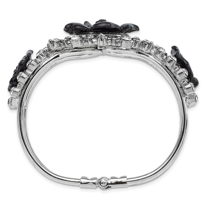 Fashion 1928 Silver-Tone Black Flowers & Clear Crystal Hinged Bracelet