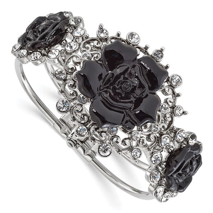 Fashion 1928 Silver-Tone Black Flowers & Clear Crystal Hinged Bracelet