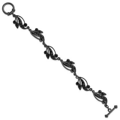 Fashion 1928 Jewelry Black-Plated Link Jet Black Crystals In Teardrop And Circle Shapes Vintage Style Filigree Vine Motif 7.5 Inch Toggle Bracelet