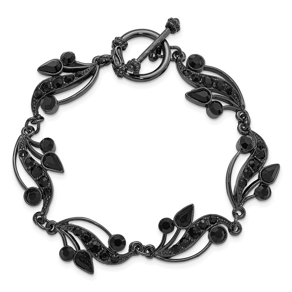 Fashion 1928 Jewelry Black-Plated Link Jet Black Crystals In Teardrop And Circle Shapes Vintage Style Filigree Vine Motif 7.5 Inch Toggle Bracelet