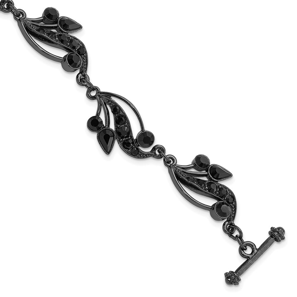 Fashion 1928 Jewelry Black-Plated Link Jet Black Crystals In Teardrop And Circle Shapes Vintage Style Filigree Vine Motif 7.5 Inch Toggle Bracelet