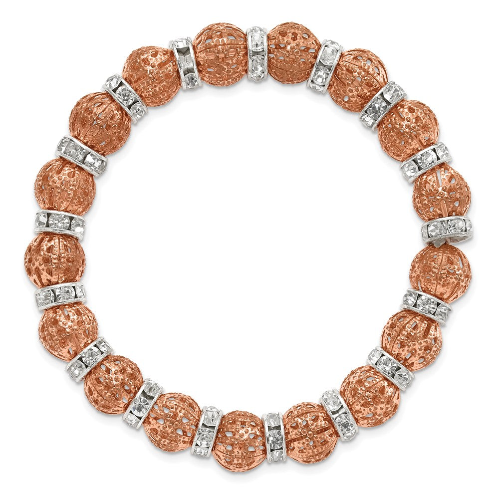 Fashion 1928 Jewelry Copper-Tone Filigree Pattern And Silver-Tone Clear Epoxy Stone Rondelle Beads Stretch Bracelet