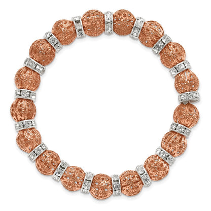 Fashion 1928 Jewelry Copper-Tone Filigree Pattern And Silver-Tone Clear Epoxy Stone Rondelle Beads Stretch Bracelet