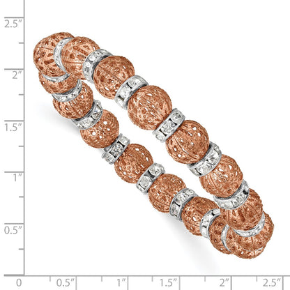Fashion 1928 Jewelry Copper-Tone Filigree Pattern And Silver-Tone Clear Epoxy Stone Rondelle Beads Stretch Bracelet
