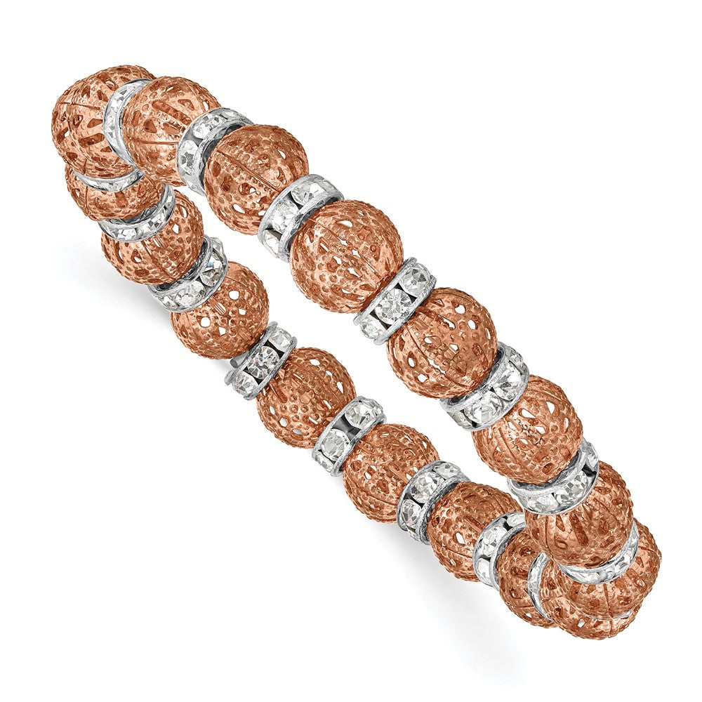 Fashion 1928 Jewelry Copper-Tone Filigree Pattern And Silver-Tone Clear Epoxy Stone Rondelle Beads Stretch Bracelet