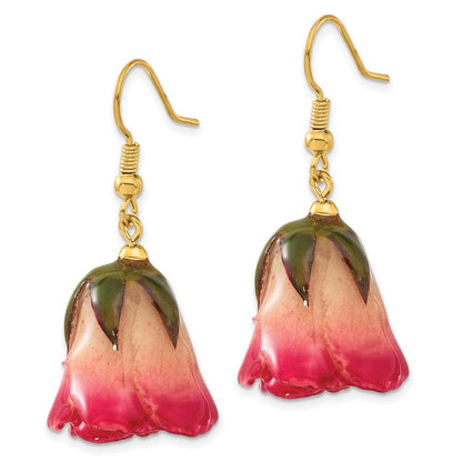 Fashion Lacquer Dipped White And Pink Real Rosebud Gold-Tone Dangle Wire Earrings