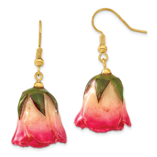 Fashion Lacquer Dipped White And Pink Real Rosebud Gold-Tone Dangle Wire Earrings