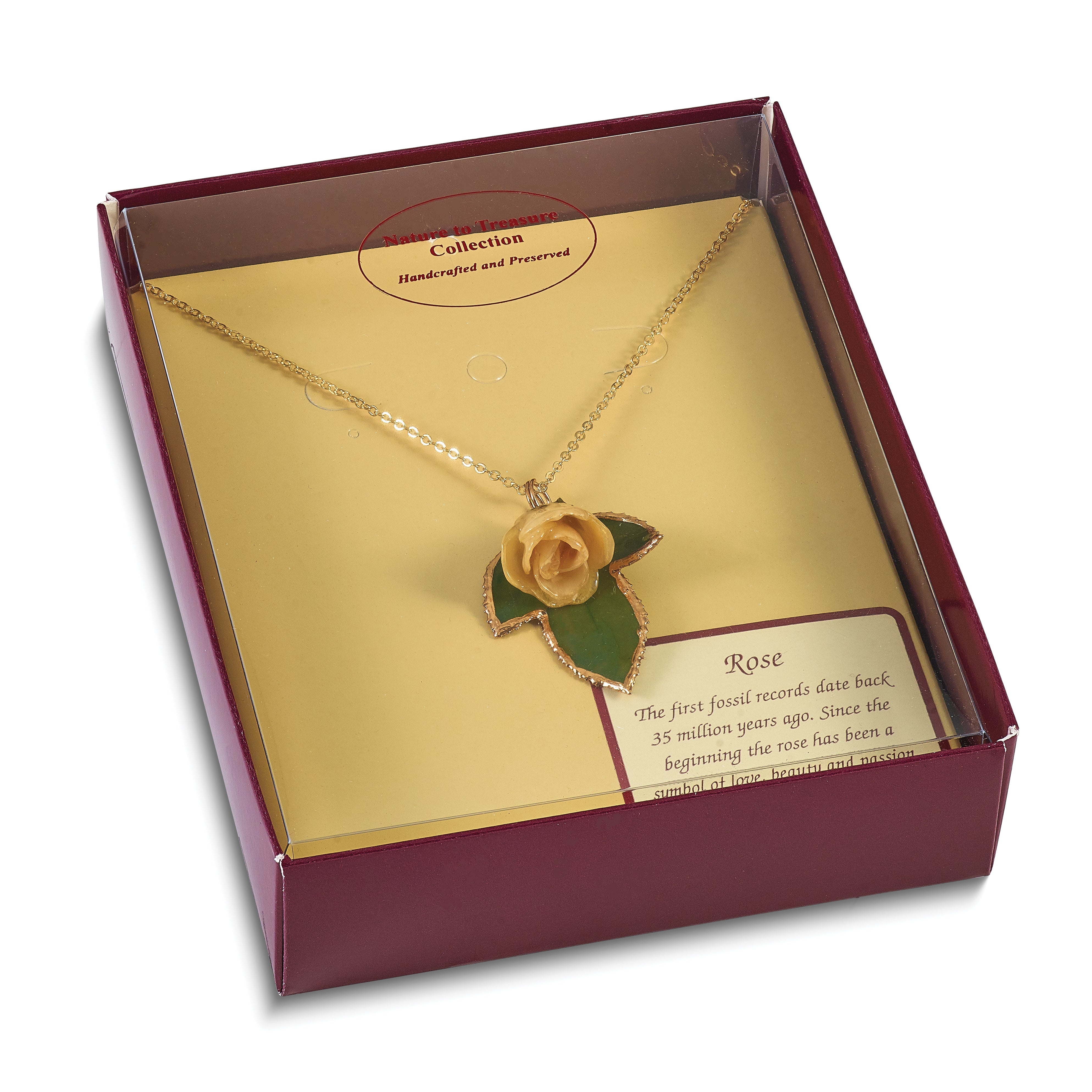 Fashion Lacquer Dipped White Real Rose On 24K Gold-Trim Leaf 20 Inch Gold-Tone Necklace