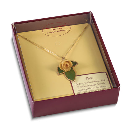 Fashion Lacquer Dipped White Real Rose On 24K Gold-Trim Leaf 20 Inch Gold-Tone Necklace