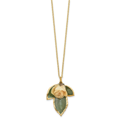 Fashion Lacquer Dipped White Real Rose On 24K Gold-Trim Leaf 20 Inch Gold-Tone Necklace
