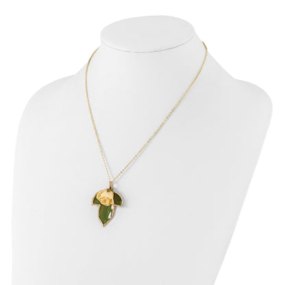 Fashion Lacquer Dipped White Real Rose On 24K Gold-Trim Leaf 20 Inch Gold-Tone Necklace