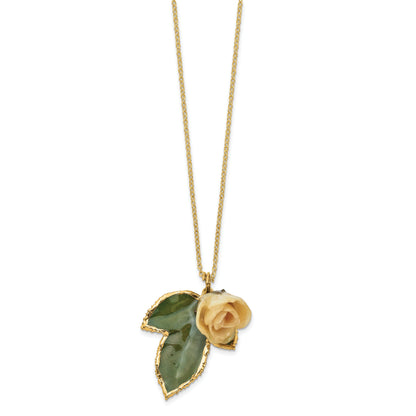 Fashion Lacquer Dipped White Real Rose On 24K Gold-Trim Leaf 20 Inch Gold-Tone Necklace