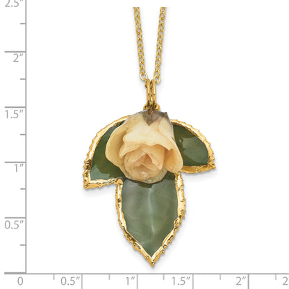 Fashion Lacquer Dipped White Real Rose On 24K Gold-Trim Leaf 20 Inch Gold-Tone Necklace