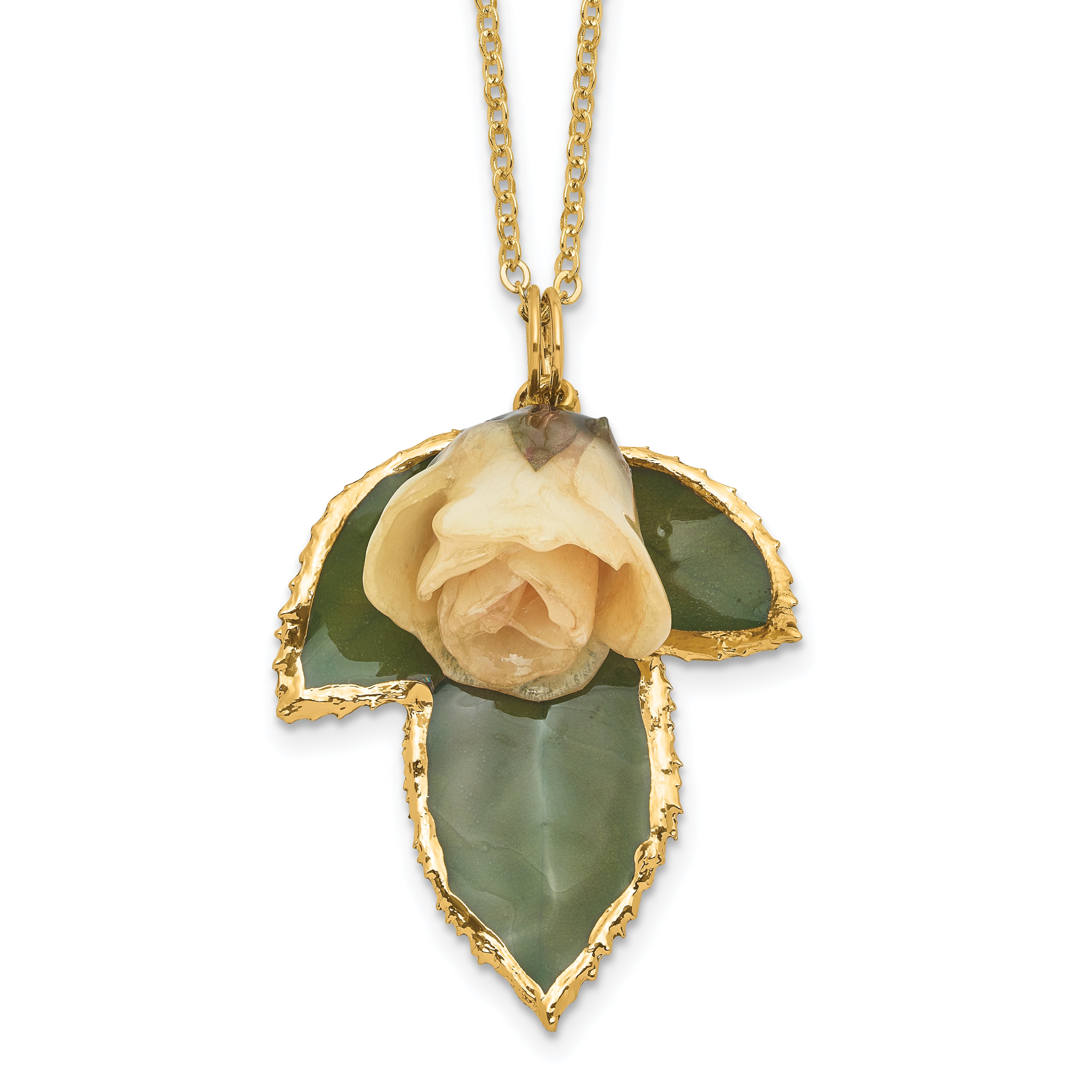 Fashion Lacquer Dipped White Real Rose On 24K Gold-Trim Leaf 20 Inch Gold-Tone Necklace
