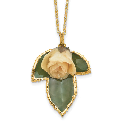 Fashion Lacquer Dipped White Real Rose On 24K Gold-Trim Leaf 20 Inch Gold-Tone Necklace
