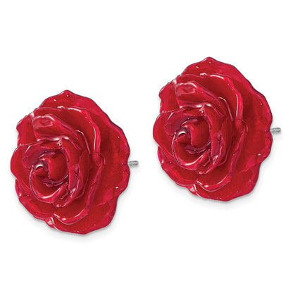Fashion Lacquer Dipped Red Real Rose Silver-Tone Post Earrings