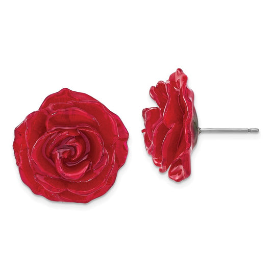 Fashion Lacquer Dipped Red Real Rose Silver-Tone Post Earrings