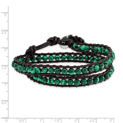 13 Inch 6mm Green Malachite Beads Leather Cord Multi Wrap Bracelet