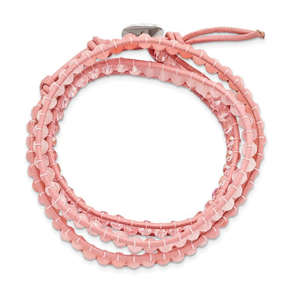 20 Inch Leather Rose/Pink Quartz Crystal Multi Wrap/ Button Bracelet