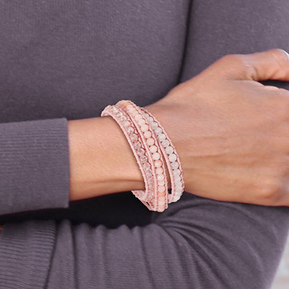 20 Inch Leather Rose/Pink Quartz Crystal Multi Wrap/ Button Bracelet