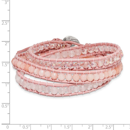 20 Inch Leather Rose/Pink Quartz Crystal Multi Wrap/ Button Bracelet