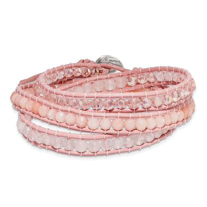 20 Inch Leather Rose/Pink Quartz Crystal Multi Wrap/ Button Bracelet
