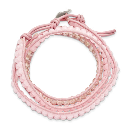 20 Inch Pink Leather Rose Quartz Beaded Multi Wrap Brass Button Bracelet