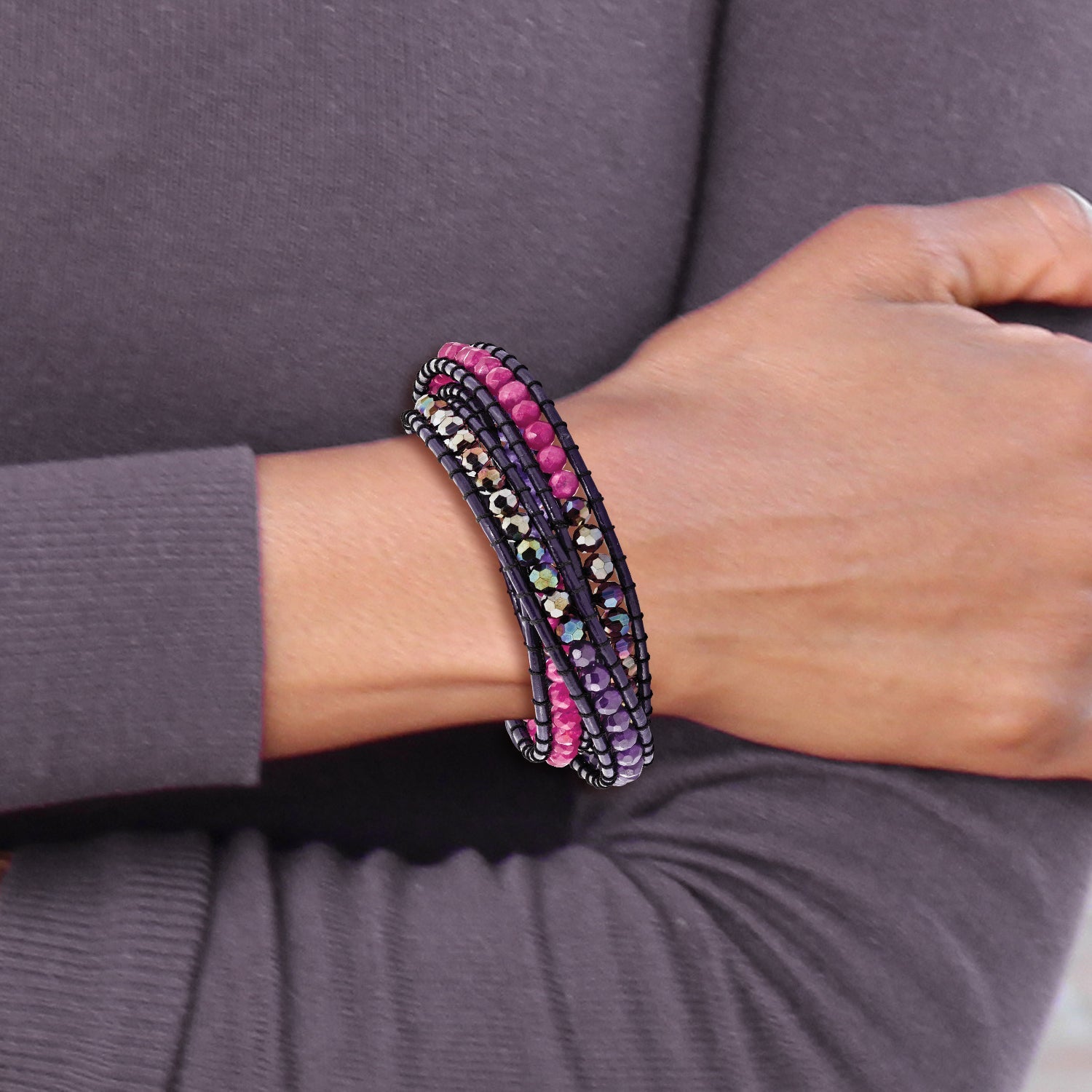 20 Inch Multi Crystal/Multi Colored Jade Beaded Leather Multi-Wrap Bracelet