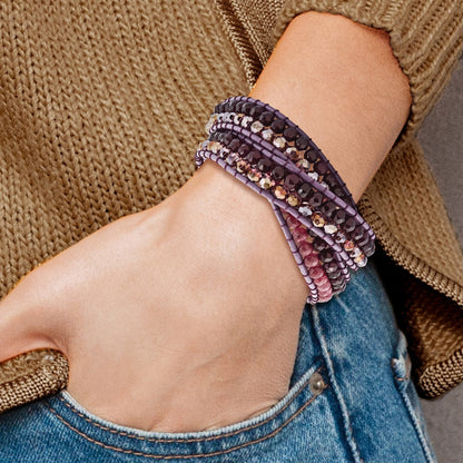 21 Inch Purple Crystal And Red Quartz Leather Multi-Wrap Bracelet