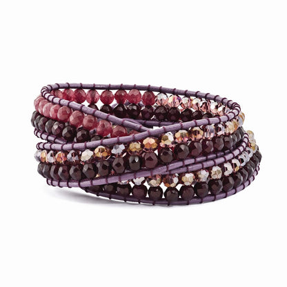 21 Inch Purple Crystal And Red Quartz Leather Multi-Wrap Bracelet
