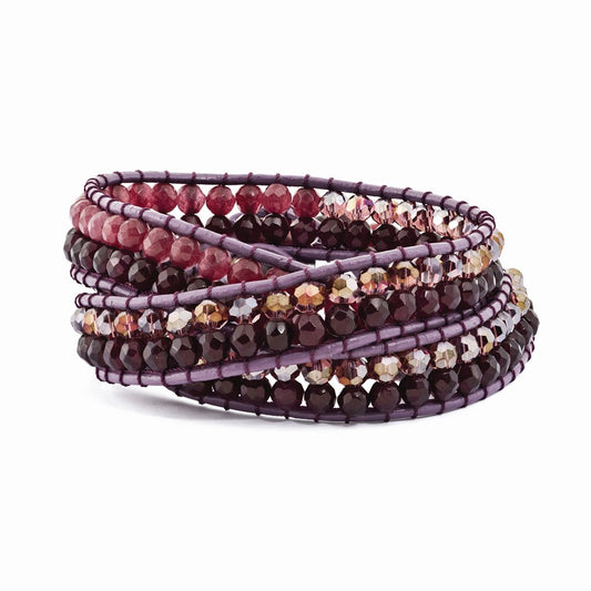 21 Inch Purple Crystal And Red Quartz Leather Multi-Wrap Bracelet