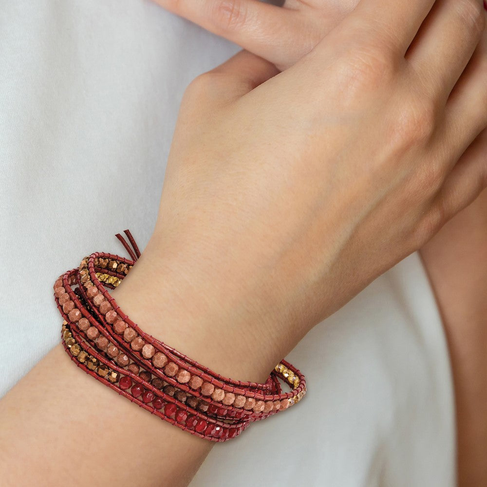 34 Inch Crystal/Red Quartz/ Red Sand Stone/Leather Multi-Wrap Bracelet