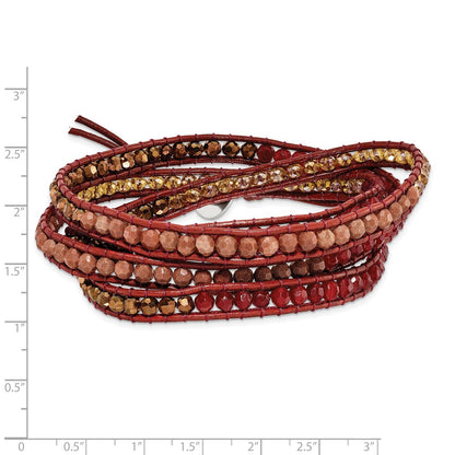 34 Inch Crystal/Red Quartz/ Red Sand Stone/Leather Multi-Wrap Bracelet