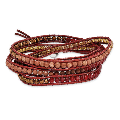 34 Inch Crystal/Red Quartz/ Red Sand Stone/Leather Multi-Wrap Bracelet