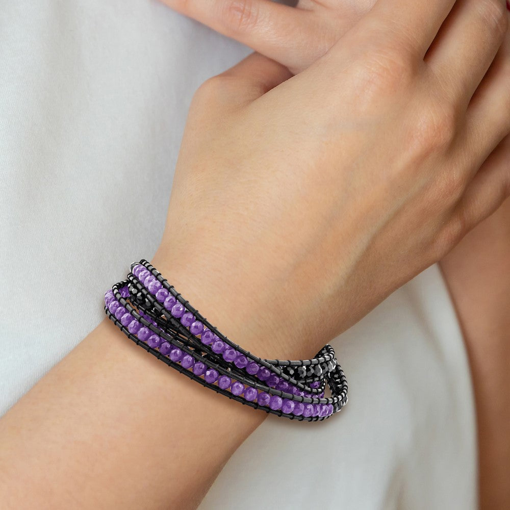 34 Inch Black Crystal/Purple Quartz Bead/Leather Multi-Wrap Bracelet