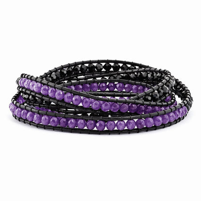 34 Inch Black Crystal/Purple Quartz Bead/Leather Multi-Wrap Bracelet