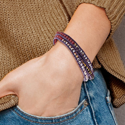 34 Inch Multi Crystal And Quartz Leather Multi-Wrap Bracelet