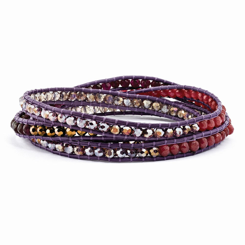34 Inch Multi Crystal And Quartz Leather Multi-Wrap Bracelet