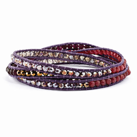 34 Inch Multi Crystal And Quartz Leather Multi-Wrap Bracelet