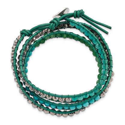 20 Inch Green Aventurine/Crystal/Reconturquoise/Leather Multi-Wrap Bracelet