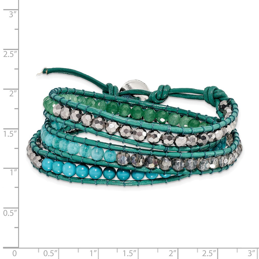20 Inch Green Aventurine/Crystal/Reconturquoise/Leather Multi-Wrap Bracelet