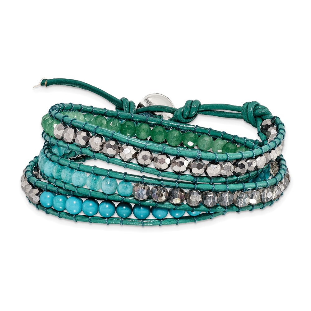 20 Inch Green Aventurine/Crystal/Reconturquoise/Leather Multi-Wrap Bracelet