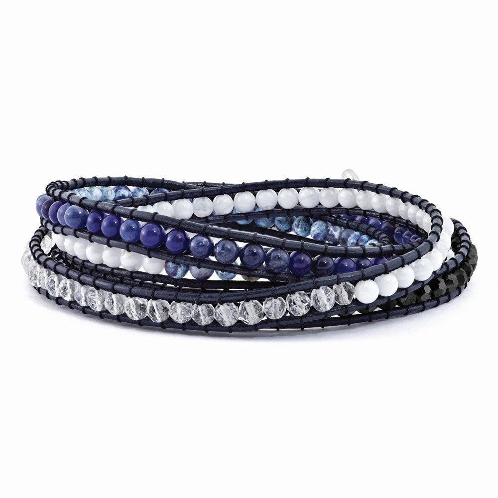 34 Inch Blue Agate/Crystal/Sodalite/Leather Multi-Wrap Bracelet